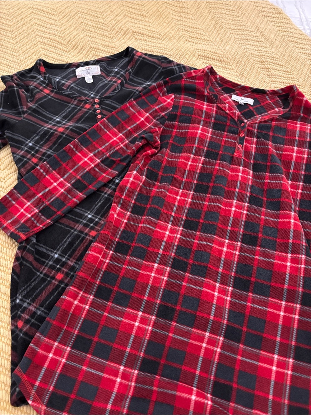 Two Plaid Fleece Henley Nightshirts - Red & Black - L - Set of 2